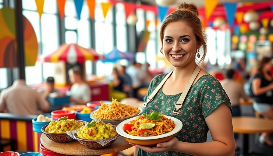 New State Fair Foods display with smiling woman and vibrant dishes.