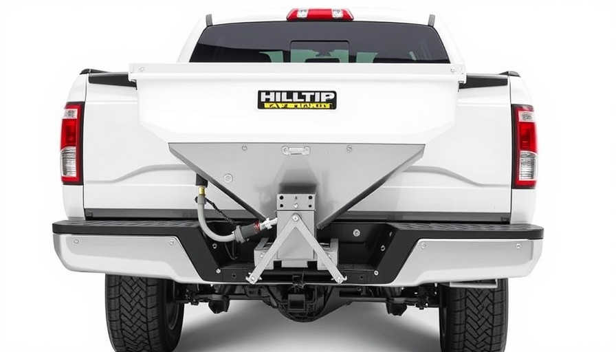 Hilltip IceStriker 4500 salt spreader on white truck, studio shot.