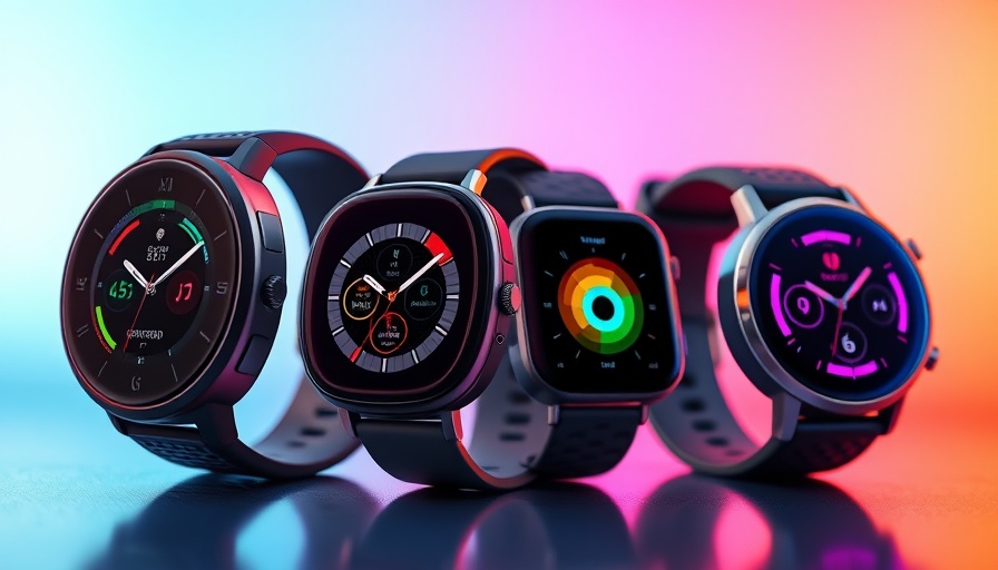 Modern fitness trackers display vibrant interfaces with a colorful background.