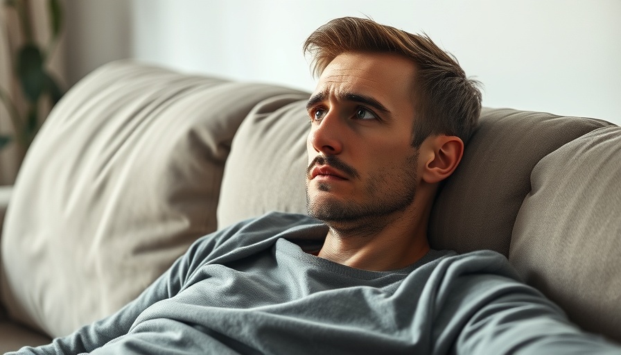 Thoughtful man on couch holding head, related to mental health.