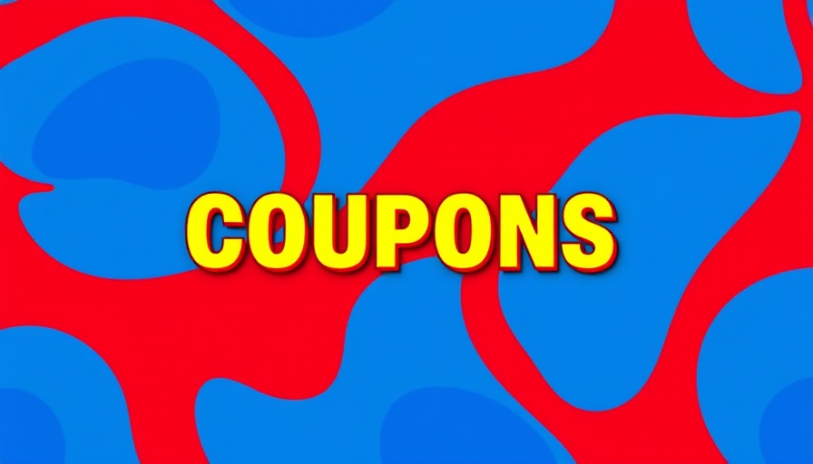 Bold 'COUPONS' text with abstract blue pattern, modern design.