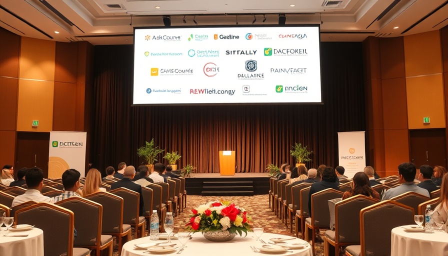 Power of We Luncheon stage with logos and chairs in conference hall.