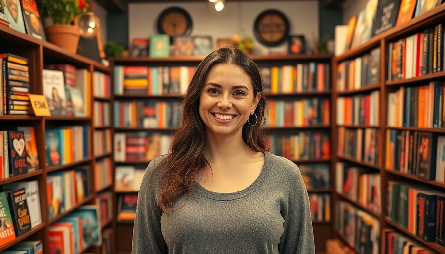 Woman in Houston romance bookstore standing by colorful bookshelves filled with novels.