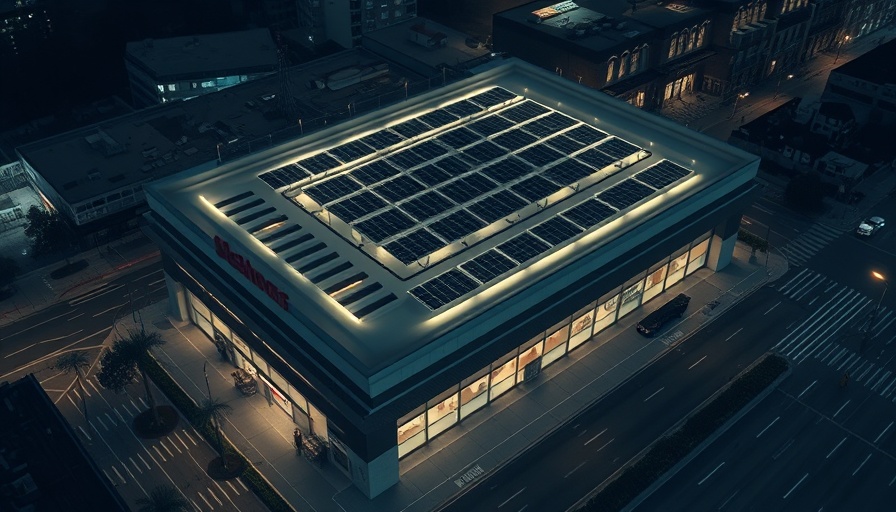 Walmart store roof with solar panels lit at night.