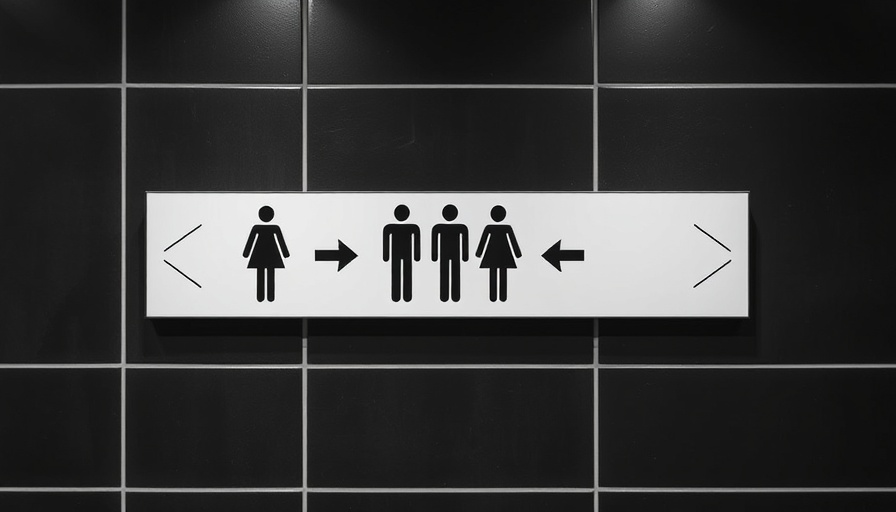 Minimalistic restroom sign with arrows on dark tiled wall symbolizing gender.