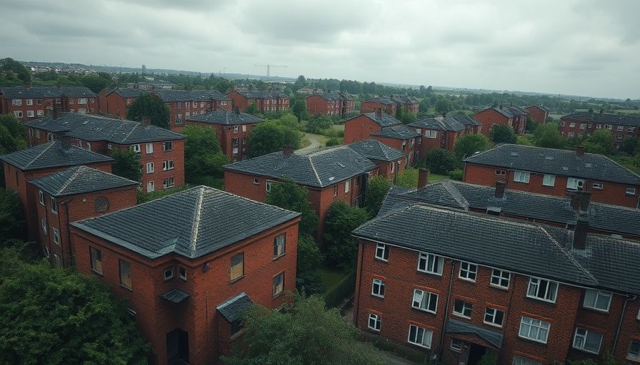 Aging red brick housing complex in Butler Place; somber redevelopment scene.
