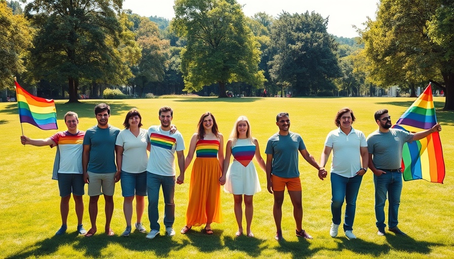 Pride Kel-So celebration with diverse group in colorful flags on grassy field.