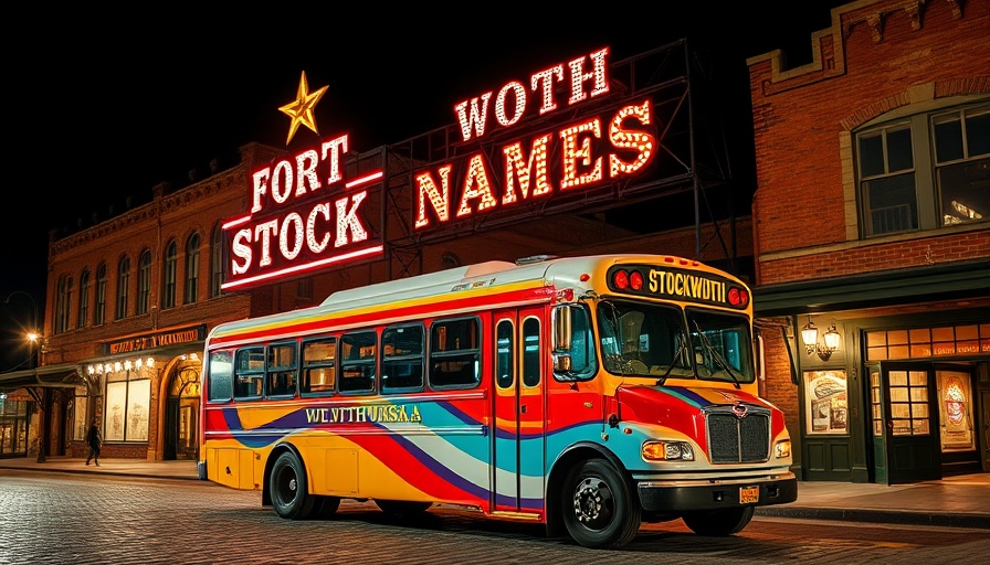 Vibrant bus at Fort Worth Stockyards development, night scene