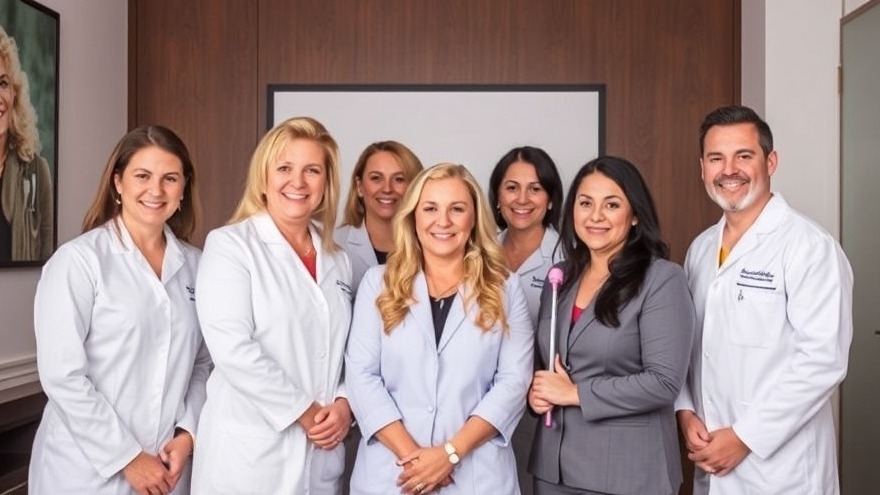 Seven healthcare professionals, including women in lab coats and a man in a lab coat, smiling confidently in an office setting.