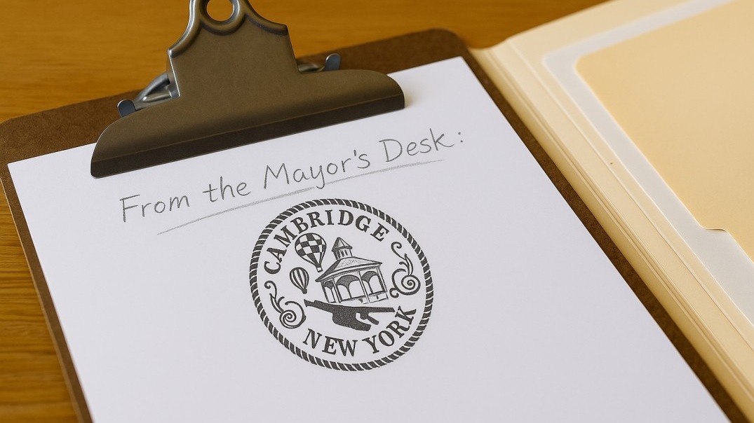 A close-up photo of a clipboard resting on a wooden desk, with the Village of Cambridge, NY seal in the corner and the handwritten phrase ‘From the Mayor’s Desk’ in pencil at the top.