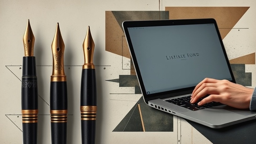Creative collage of pen nibs and laptop for Professional Bio writing.