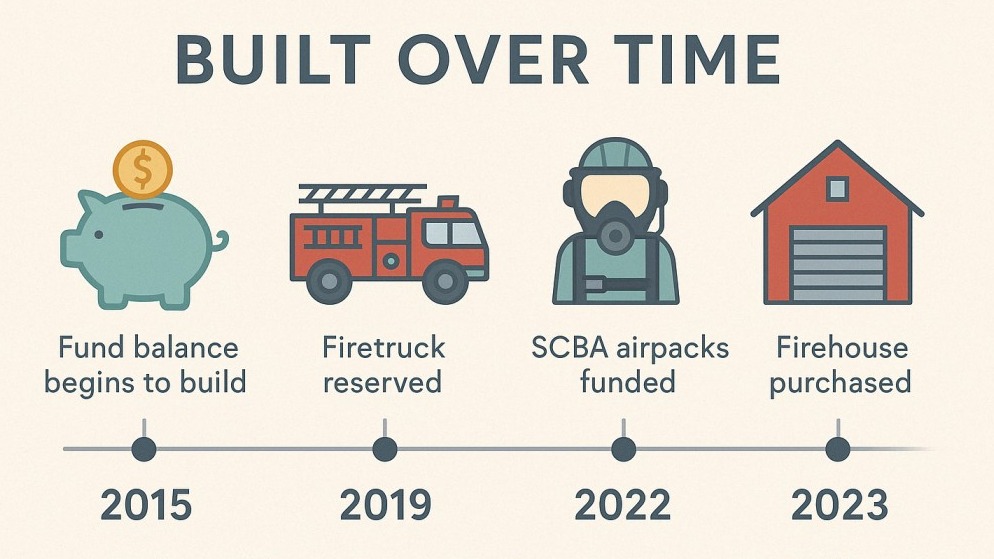 Illustrated timeline showing public safety milestones from 2015 to 2023 with icons of a piggy bank, firetruck, SCBA gear, and firehouse, labeled with corresponding years and descriptions.