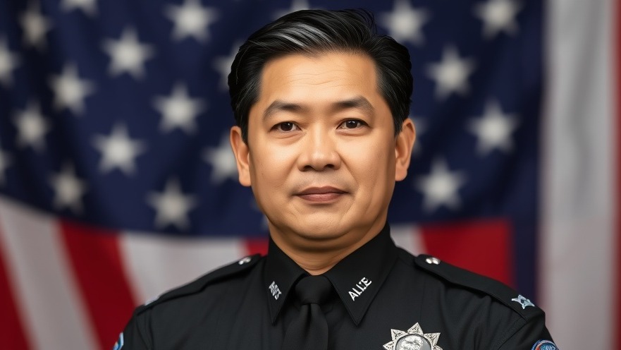 Asian-American police sergeant portrait with American flag, representing officer wellness.