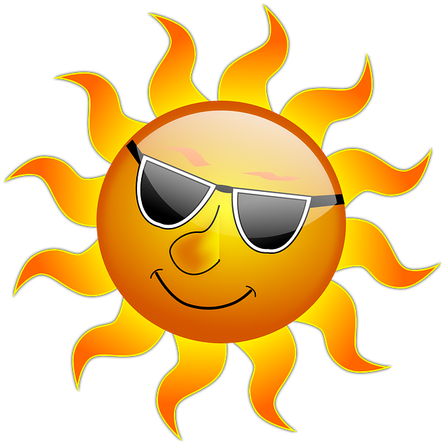 cartoon graphic - smiling sunshine wearing sunglasses - welcome to summer