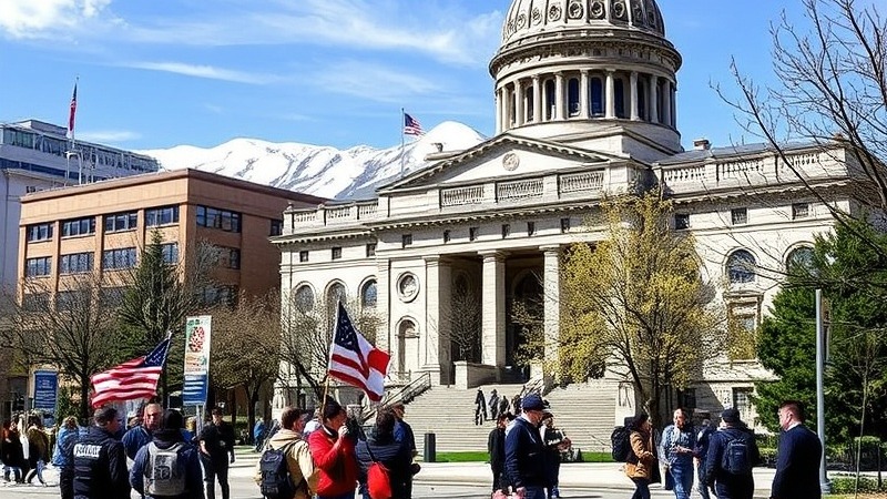 People gathering in front of a government building