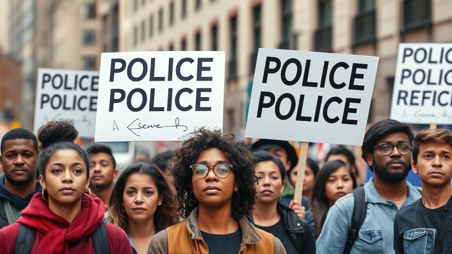 Diverse group protesting for police accountability in urban setting, promoting community policing.