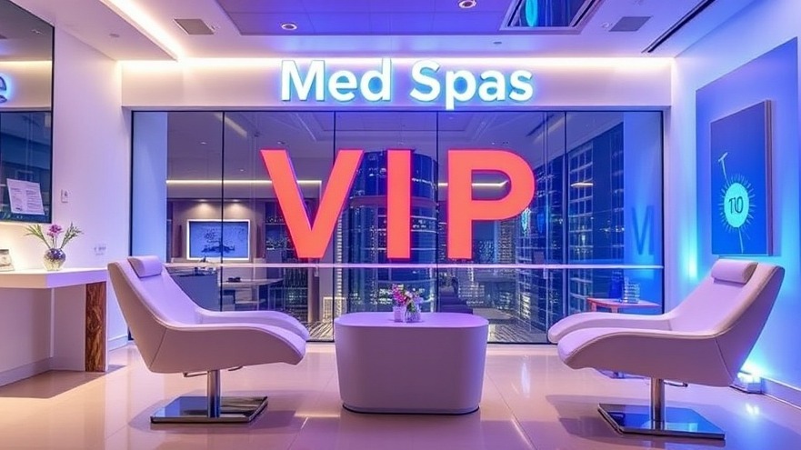 Luxurious spa lounge with two modern white chairs, a small table, and a large red 'VIP' sign under a glowing 'Med Spas' sign, overlooking a cityscape.