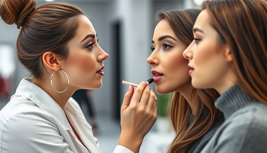 Makeup artist applying lipstick to client in salon.