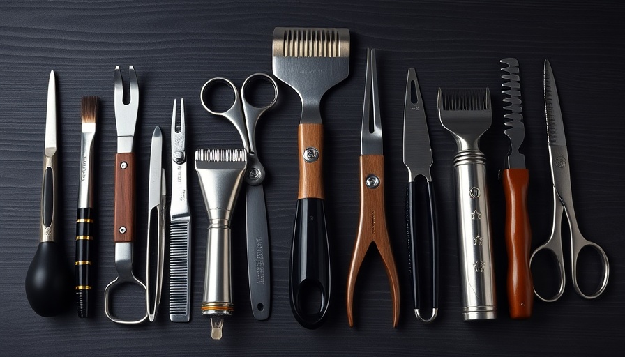 Non-licensed beauty services tools arrayed on dark wood.