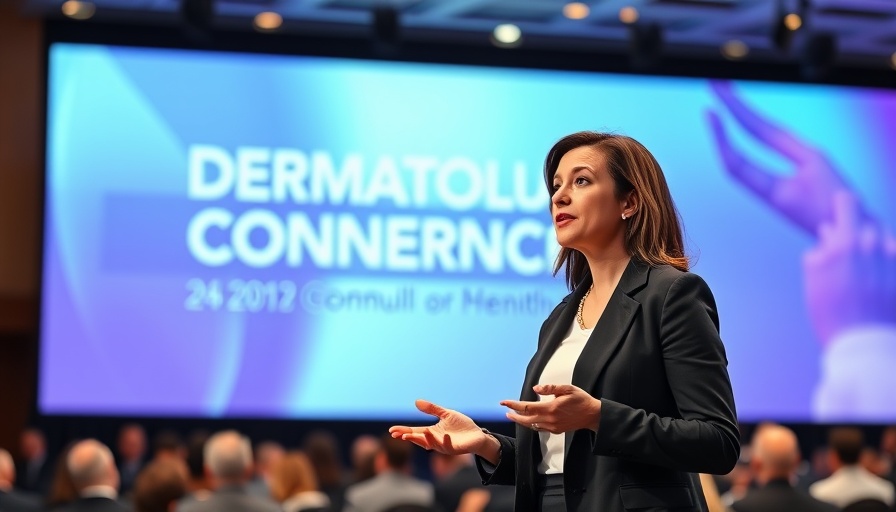 Speaker at Dermatology Conference, presenting at podium.
