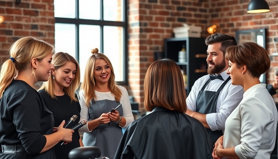 Professional hairstylists discussing a haircut in a salon.