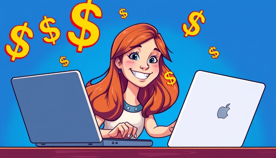 Cartoon of person with laptop and floating dollar signs, marketing salary concept.