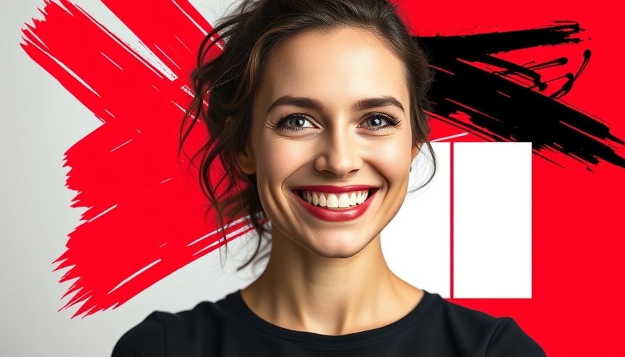 Confident woman in creative marketing graphic, SEO strategies theme.