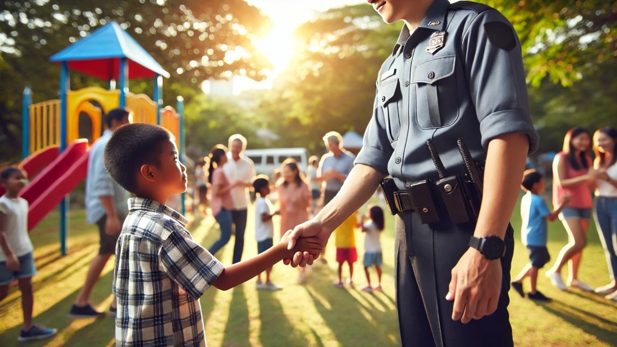 police officer shaking hands with a young community member