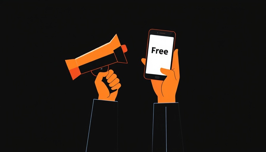 Minimalistic illustration of free SaaS tools, hands with megaphone and smartphone.