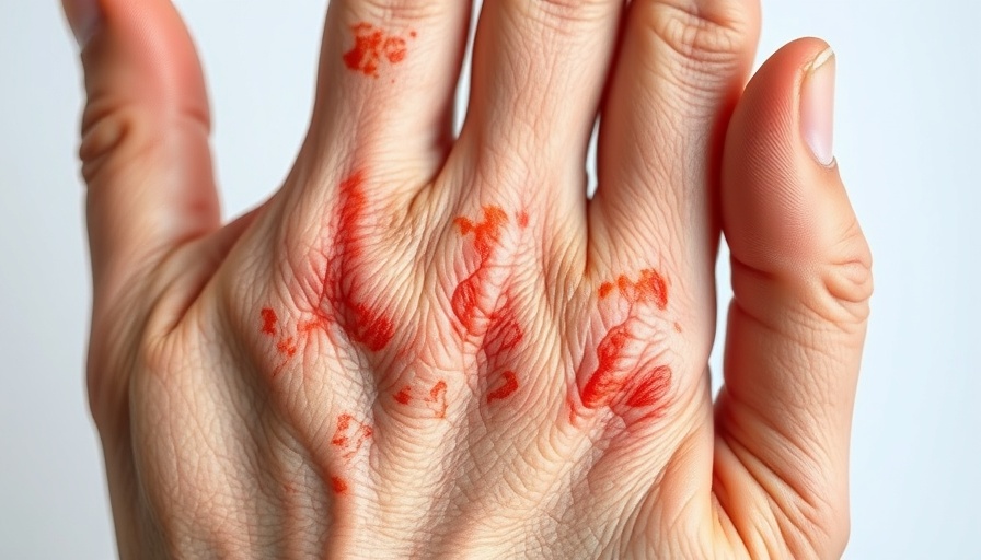 Close-up of hand with dermatological irritation, dry skin, cracks.