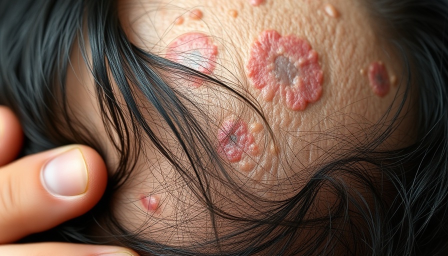Close-up of seborrheic dermatitis on the scalp with flakes.