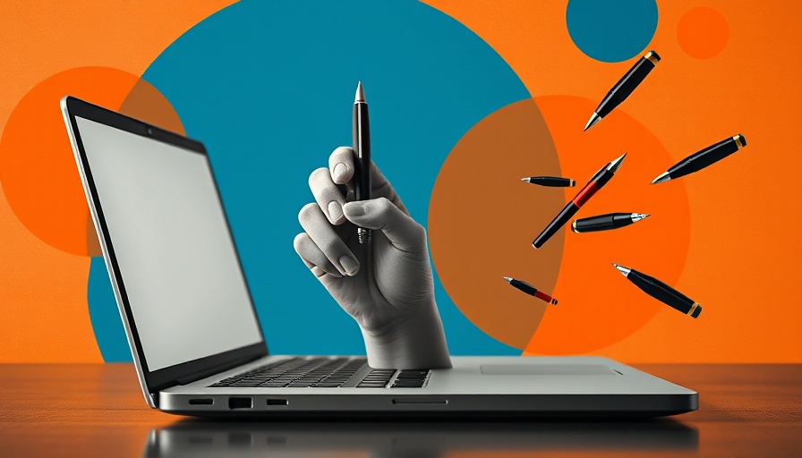 AI Marketing Tools concept art with hand and pen emerging from laptop.
