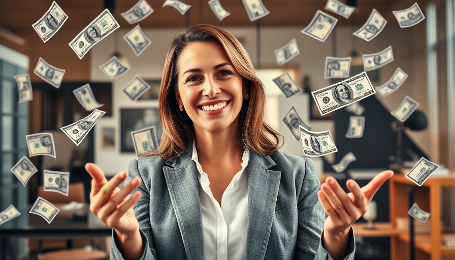 Businesswoman in modern office with floating money and digital handshake representing executive buy-in.