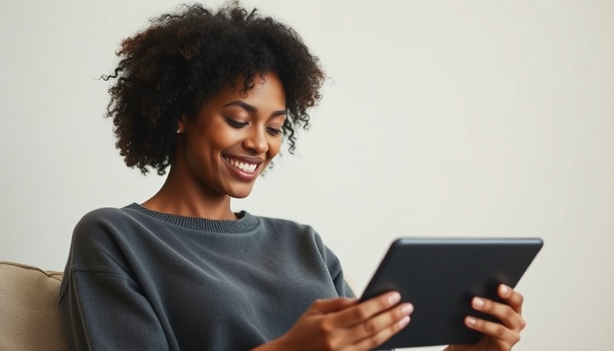 Smiling content manager reading tablet in modern design.