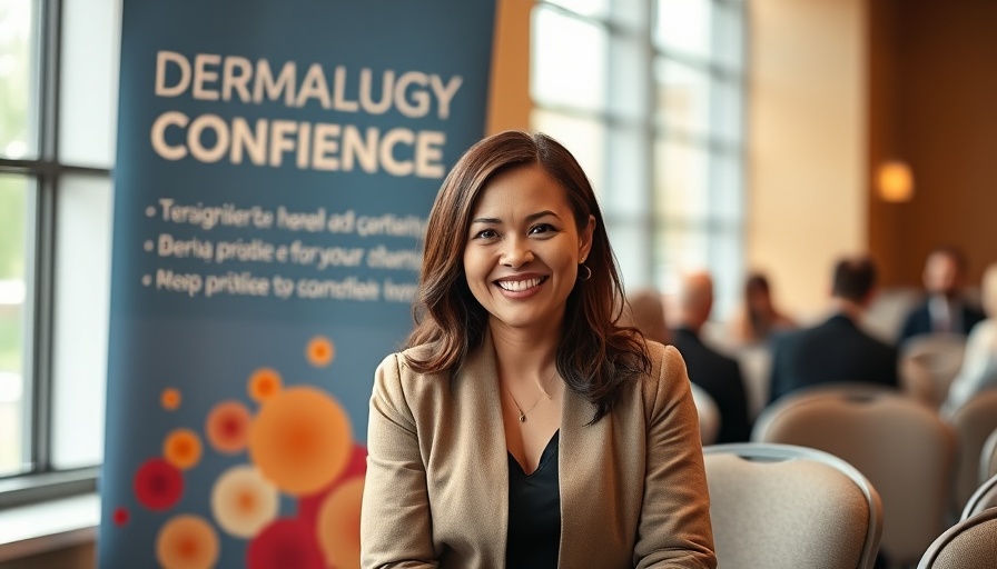 Smiling woman attends dermatology conference next to banner.