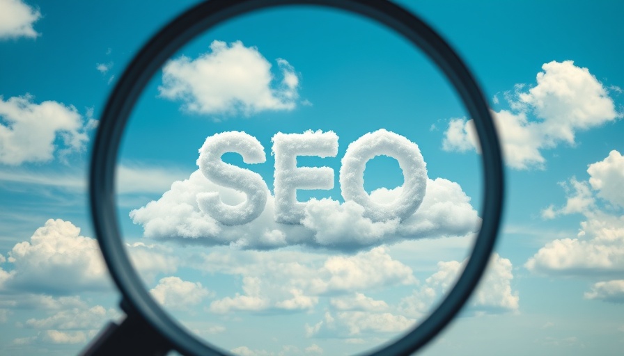 Magnifying glass revealing cloud-like SEO in sky, AI in Business.