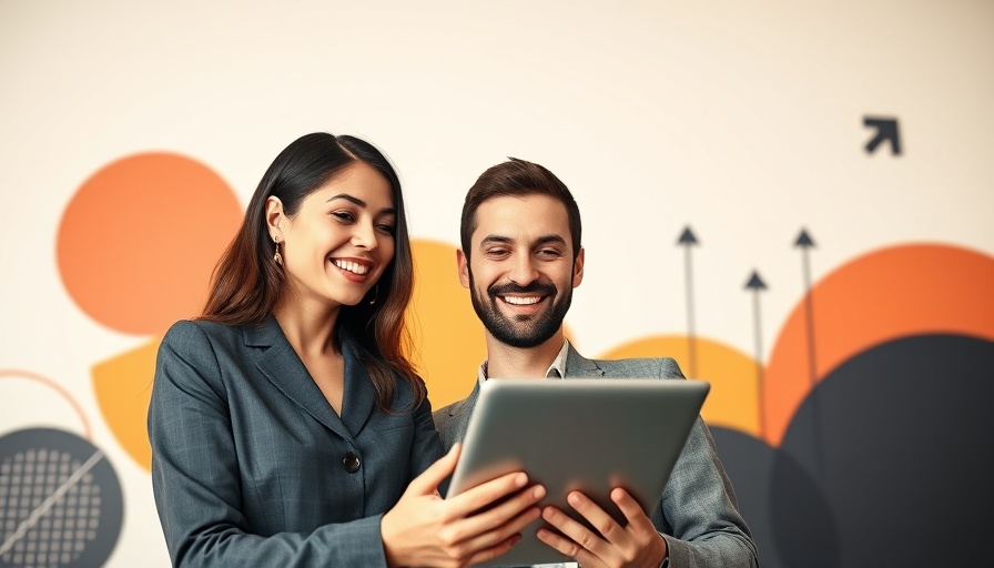 Cheerful duo discussing a project using a tablet, vibrant graphics, content scoring.