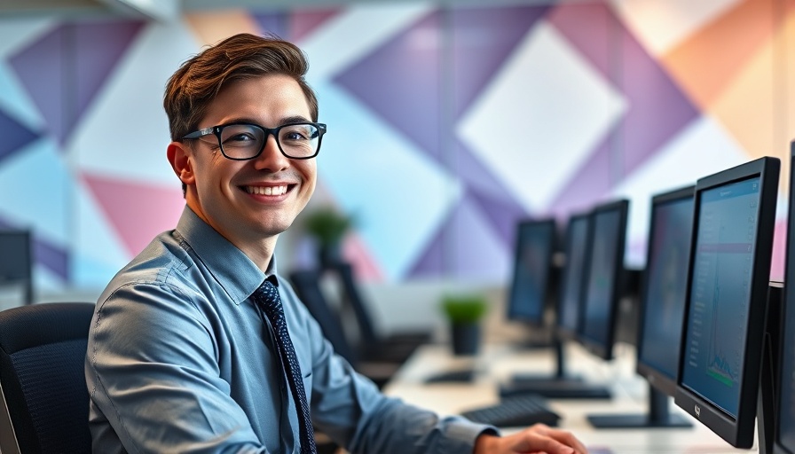 Young professional in media buying smiling at computer desk.