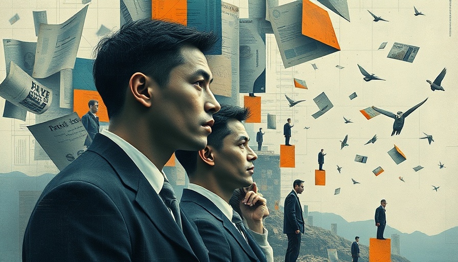 Surreal collage depicting AI email conversions with human figures and envelopes.