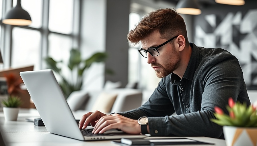 Professional engaged in content research on laptop in modern workspace.