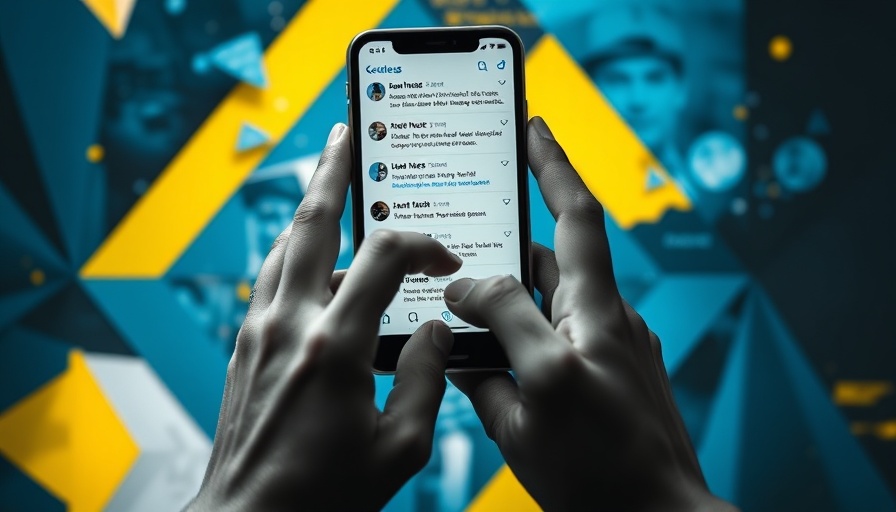 Monochrome hands using smartphone with social media icons in a modern collage.