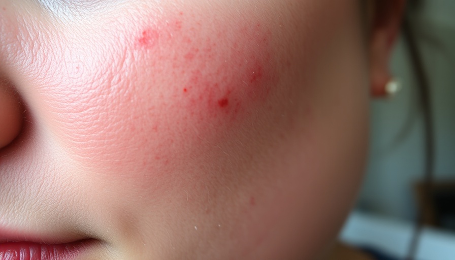 Close-up image showing rosacea treatment on cheeks, detailed skin view.