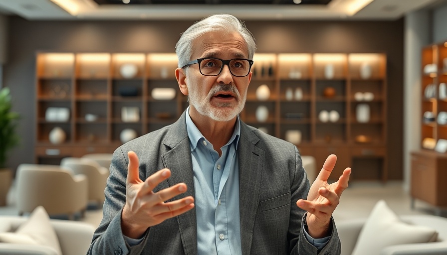 Man discussing AI in medspas in modern lobby setting.