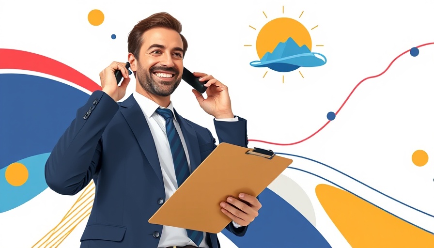 Smiling man with clipboard and phone in vibrant abstract setting, Keyword Mapping.