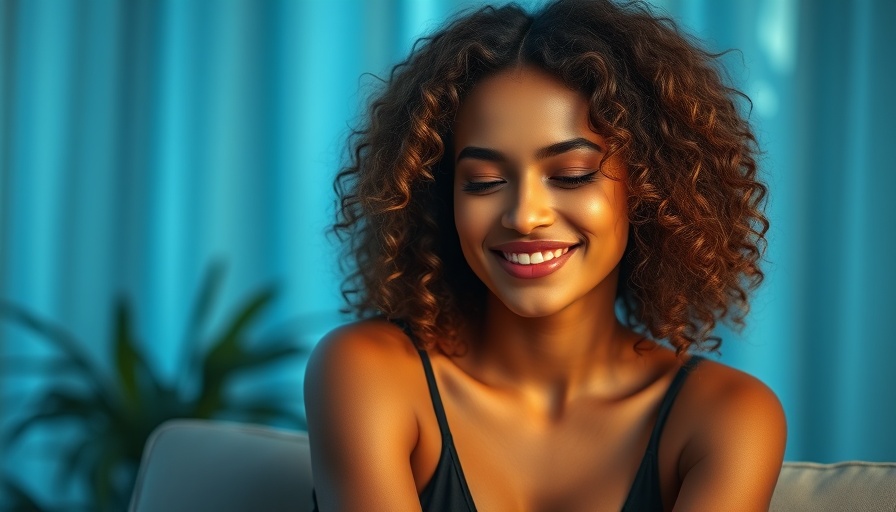Confident woman smiling in studio with soft blue background.