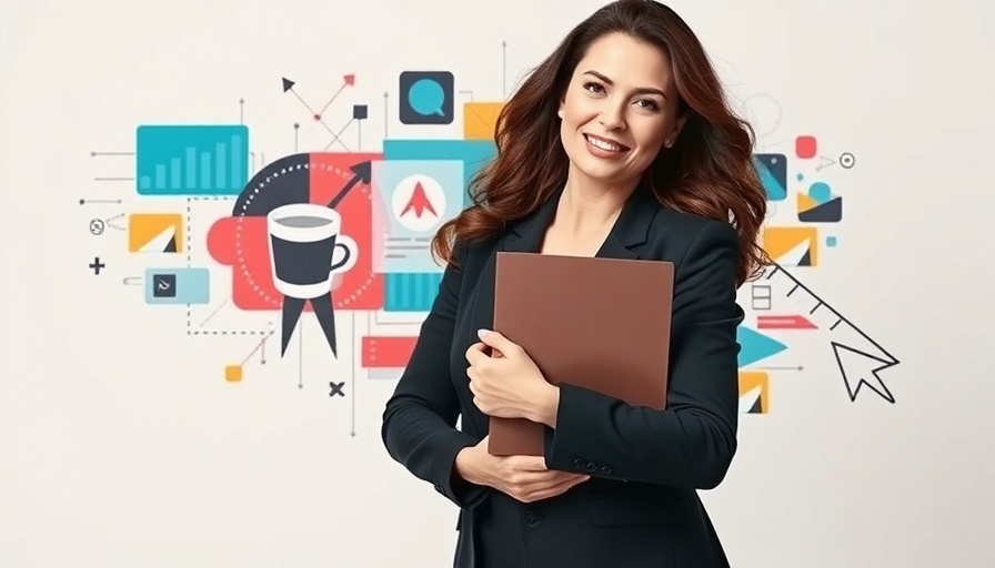 Marketing challenges 2025 concept with confident woman and abstract symbols.