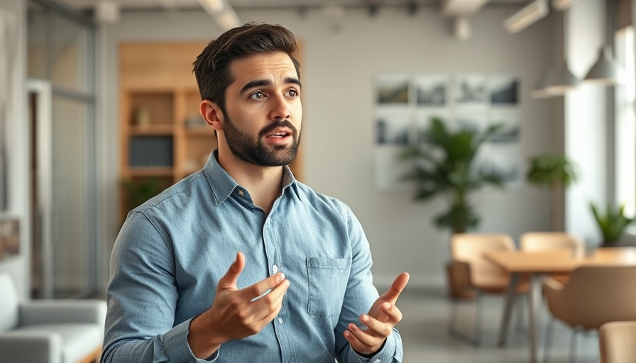 Man discussing social media strategy with quiz overlay in modern office.