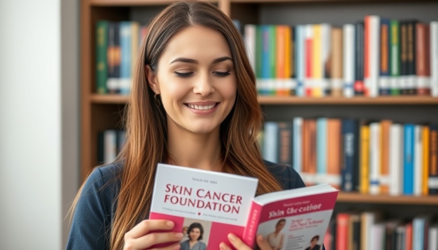 Professional woman holding a Skin Cancer Foundation Journal in front of a bookshelf.