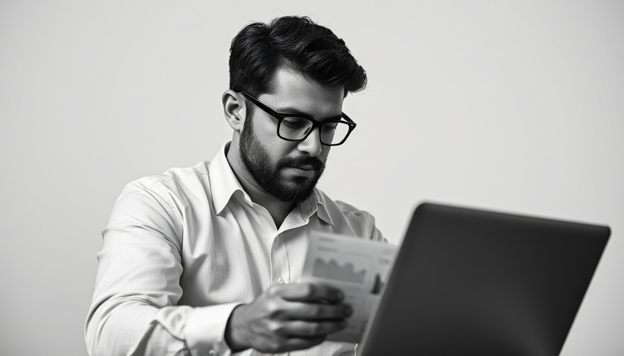 Audience Profile analysis concept with businessman examining laptop charts.