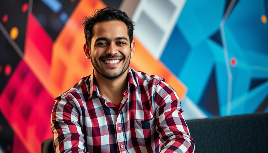 Man smiling against a colorful geometric background, Jaguar Rebrand style.